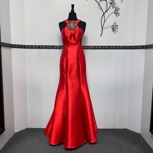 Red Beaded Fit & Flare Formal Long Dress